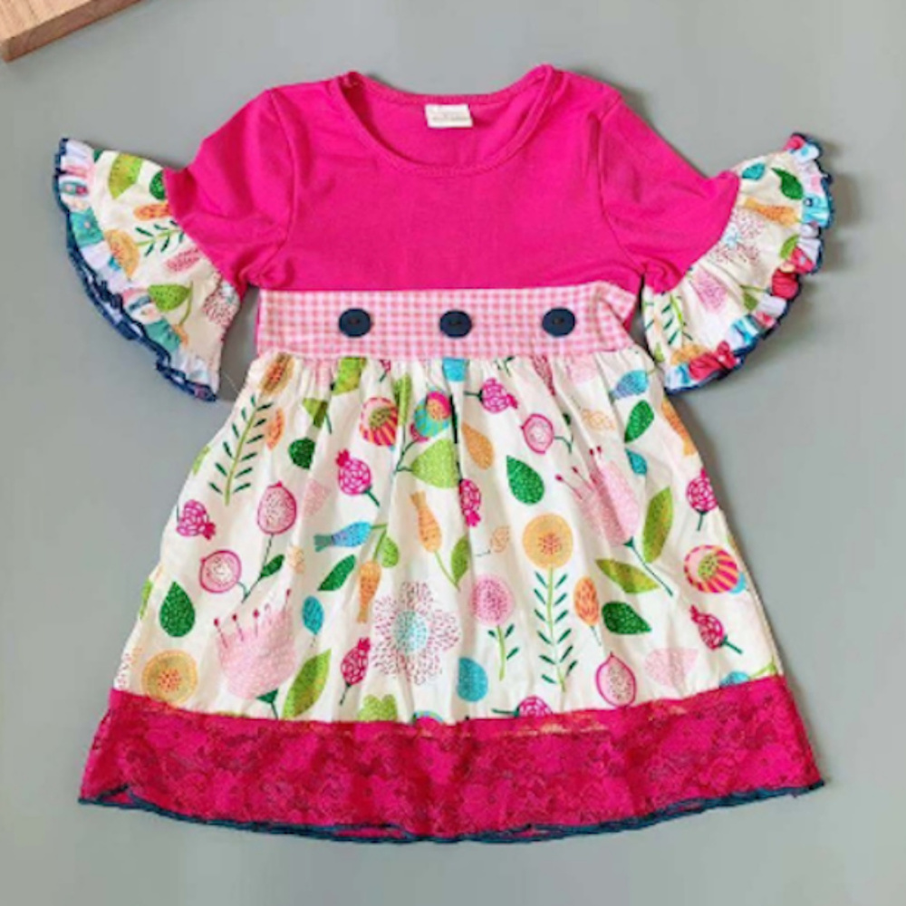 Boutique Floral Pink Short Sleeve Ruffle Dress